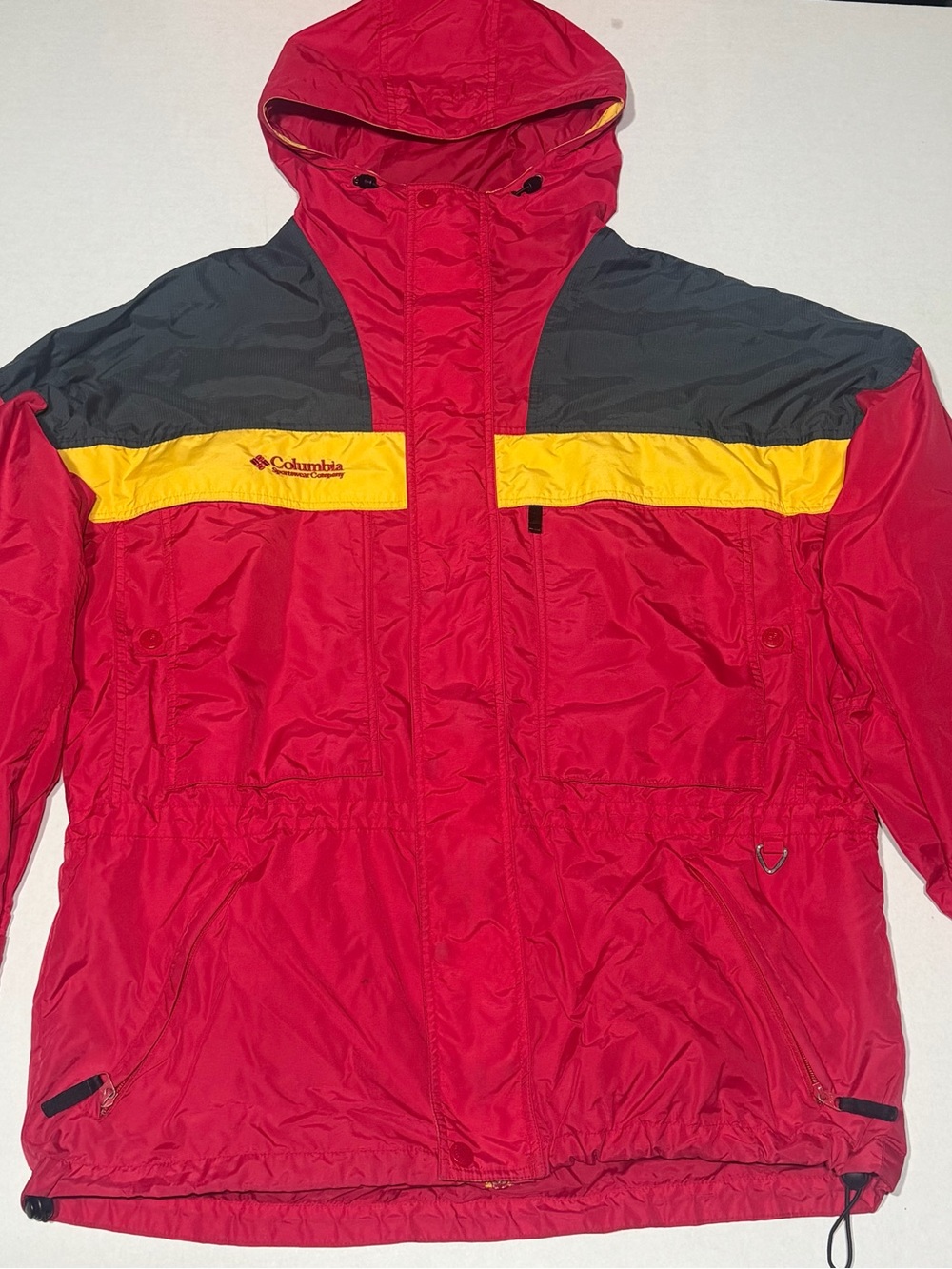 Vintage Columbia Jacket Mens Large Red Black Yellow Hooded Windbreaker 90s
